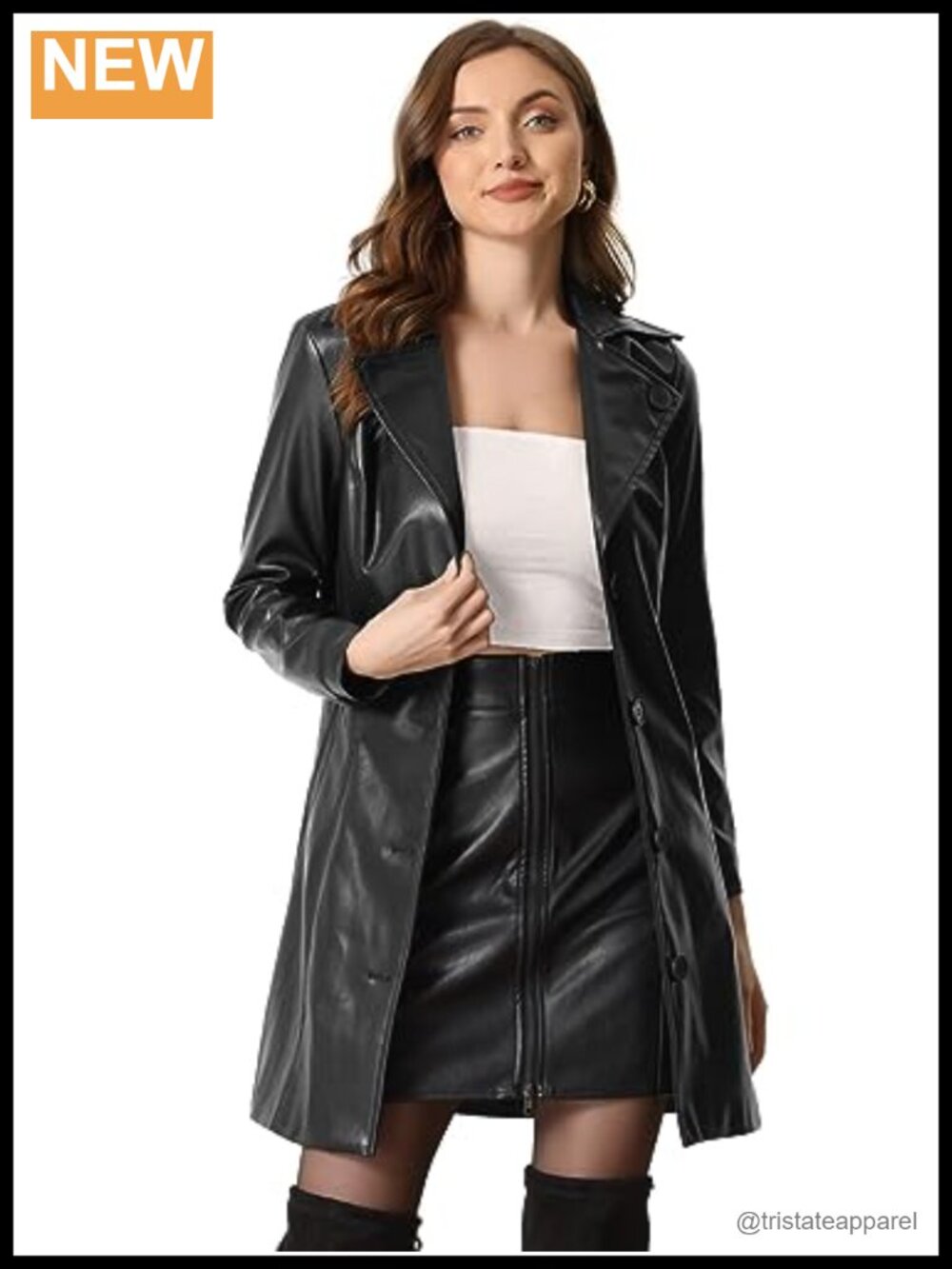 Faux Leather Long Trench Coat Notched Lapel Belted PU Jacket